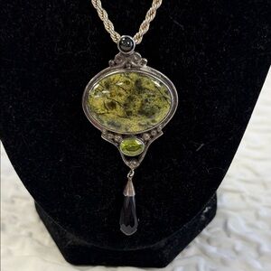 Sterling 925 Signed Sajen Elegant Peridot,Onyx Seraphinite Black Brooch/Pendant